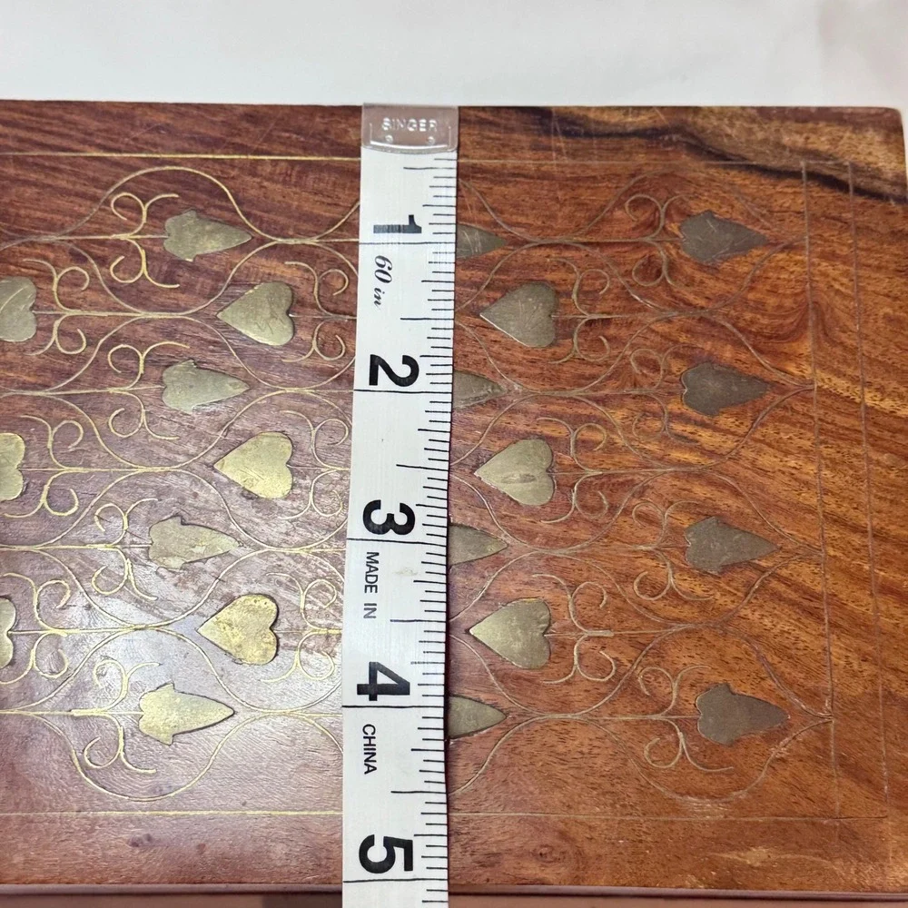 Vintage Wood Brass Inlay Jewelry Box Heart Boho Folk Art 7x5x2